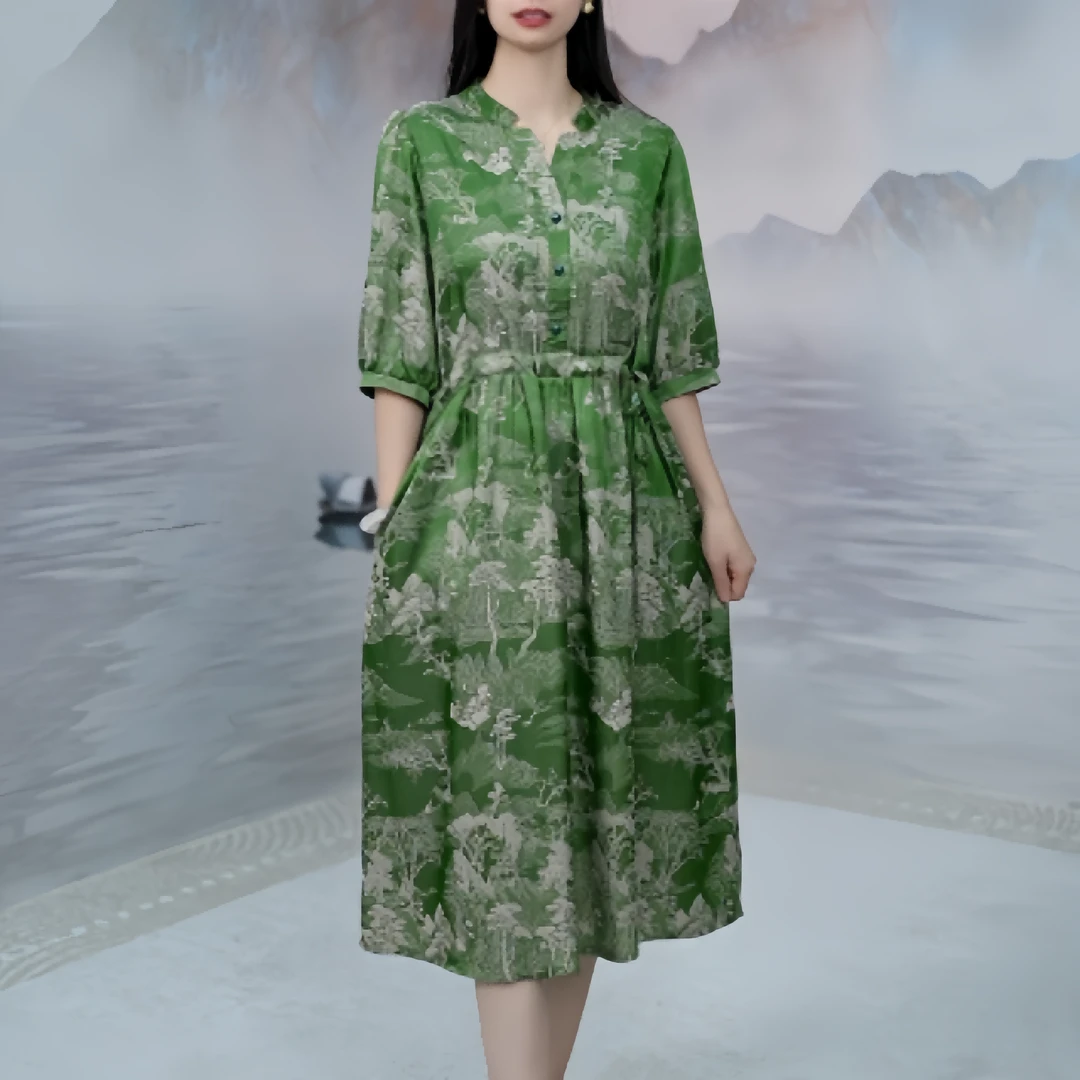 2646 夏季新款国风重磅提花五分袖系带收腰显瘦女装连衣裙