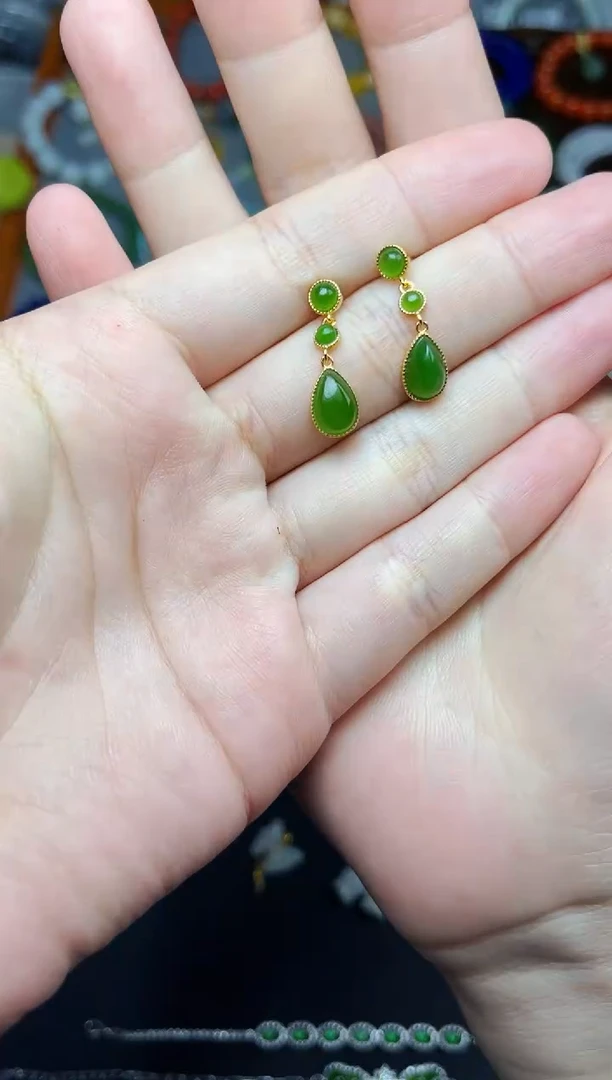 银S925镶嵌和田玉耳饰水滴耳坠06