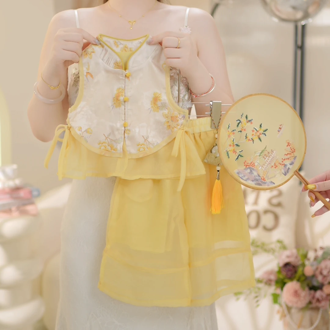 女童2025夏季新款新中式复古盘扣阔腿裤两件套23381