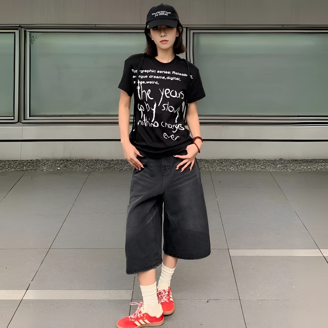 cgc正肩t恤夏季字母印花休闲百搭短袖弹力修身显瘦圆领辣妹上衣