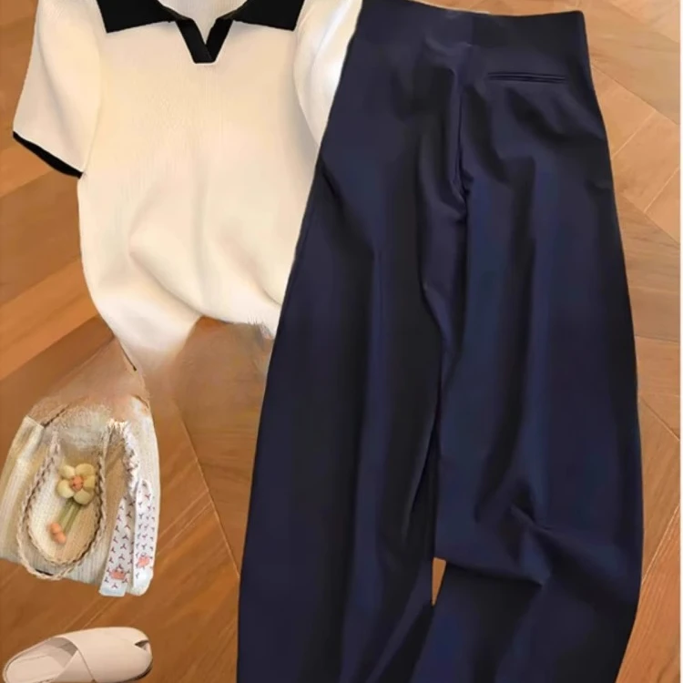 高级小众不撞款穿搭一整套2025夏季设计感白色翻领T恤休闲裤套装