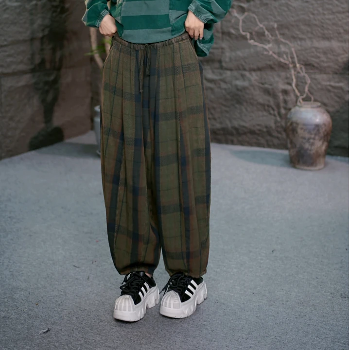 【百搭格子休闲裤】显瘦百搭松紧腰裤子女装做旧宽松复古休闲裤