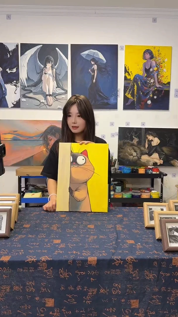 丙烯画小*棍黄底胖猫丙烯画y