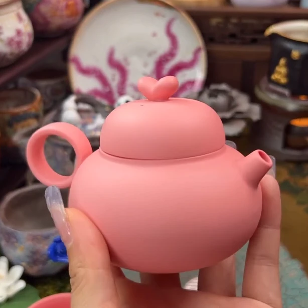 水粉红泥可爱到发芽的一把壶泡茶壶大肚粉色茶壶粉色水壶单个茶具