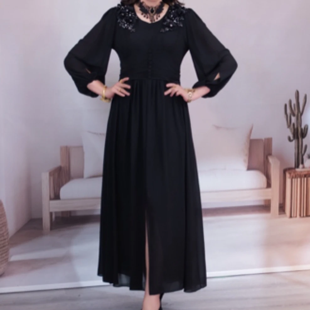 【2520款】法式轻奢名媛珠花连衣裙新款收腰大摆裙