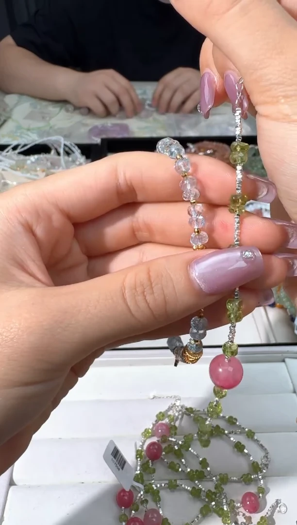 水晶手链银S925镶嵌I020橄榄樱花顶珠款