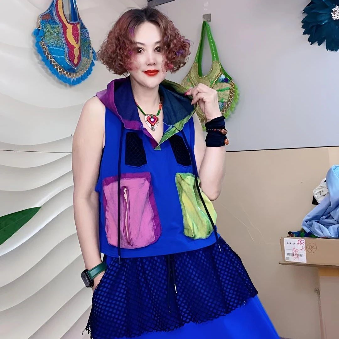 {欧洲站}梦姐同款时尚牛仔拼接镂空连帽马夹