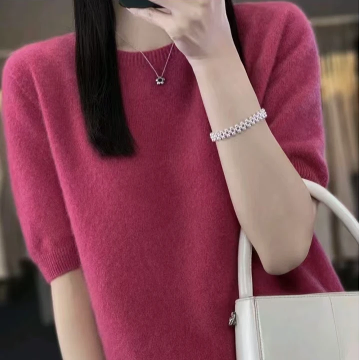 【薄款】秋季清货针织短袖透气百搭圆领时尚宽松毛衣针织衫纯色显瘦