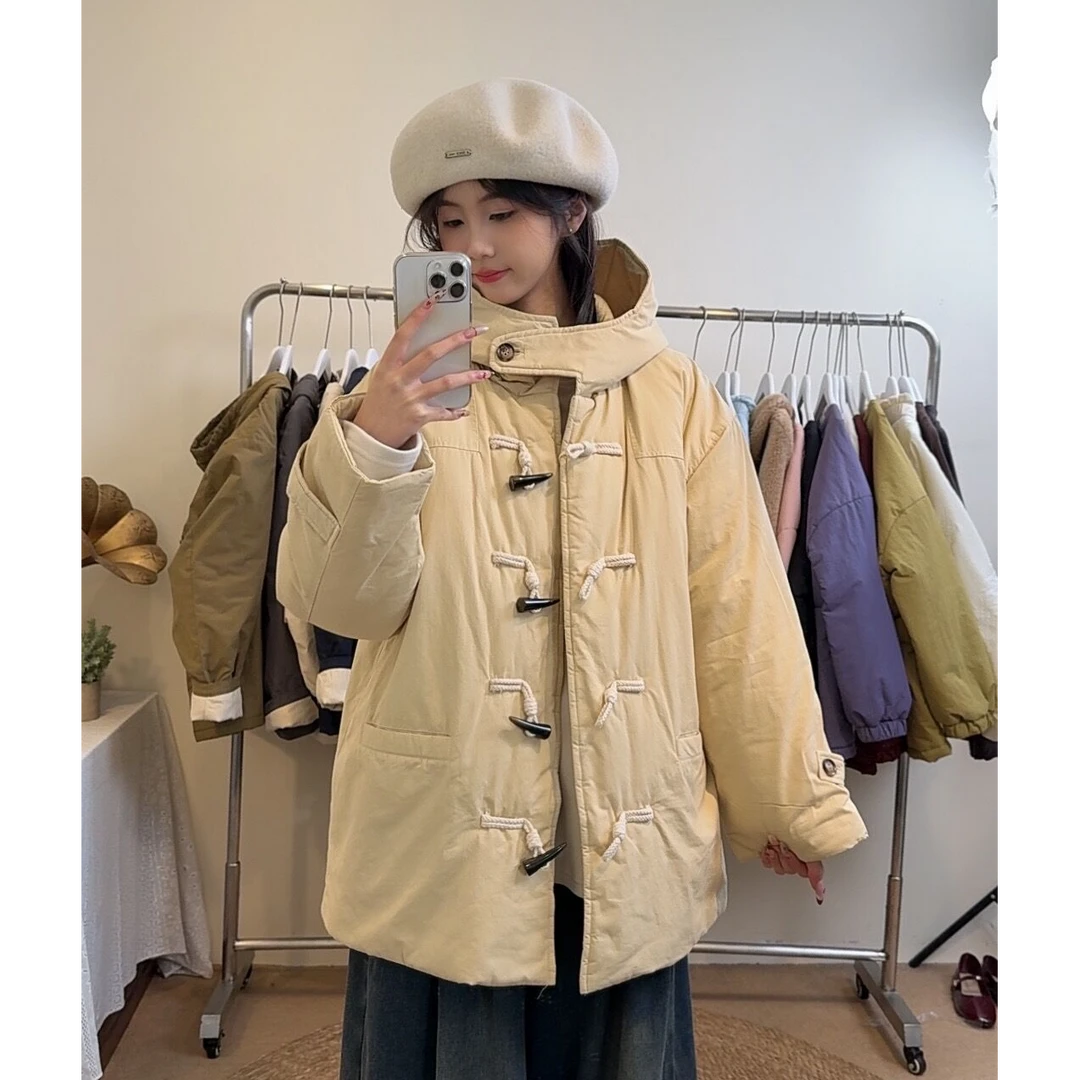 日系牛角扣棉服保暖厚实复古风连帽外套棉衣【帽子一粒扣设计款】