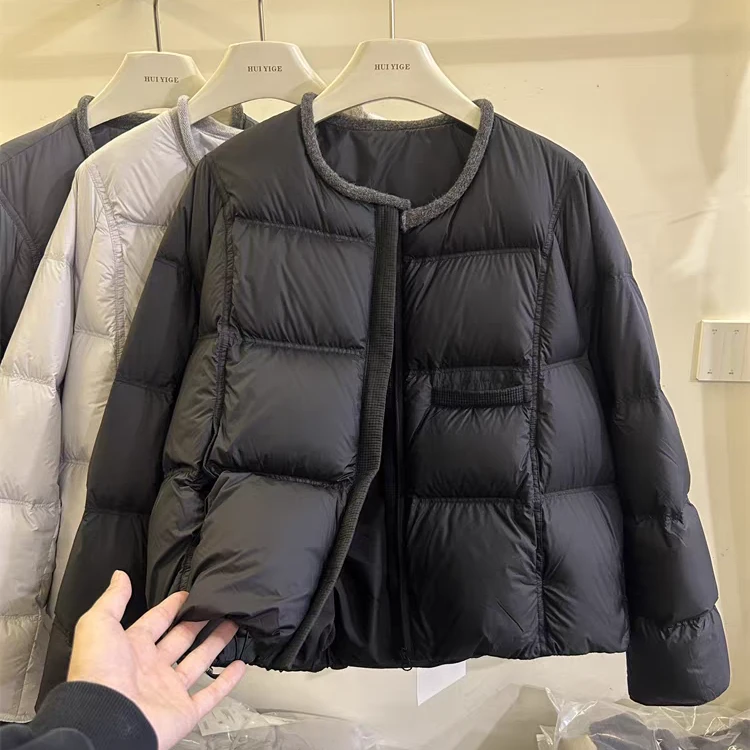 2025冬季新款时尚短款羽绒服女圆领宽松保暖白鸭绒面包服外套潮