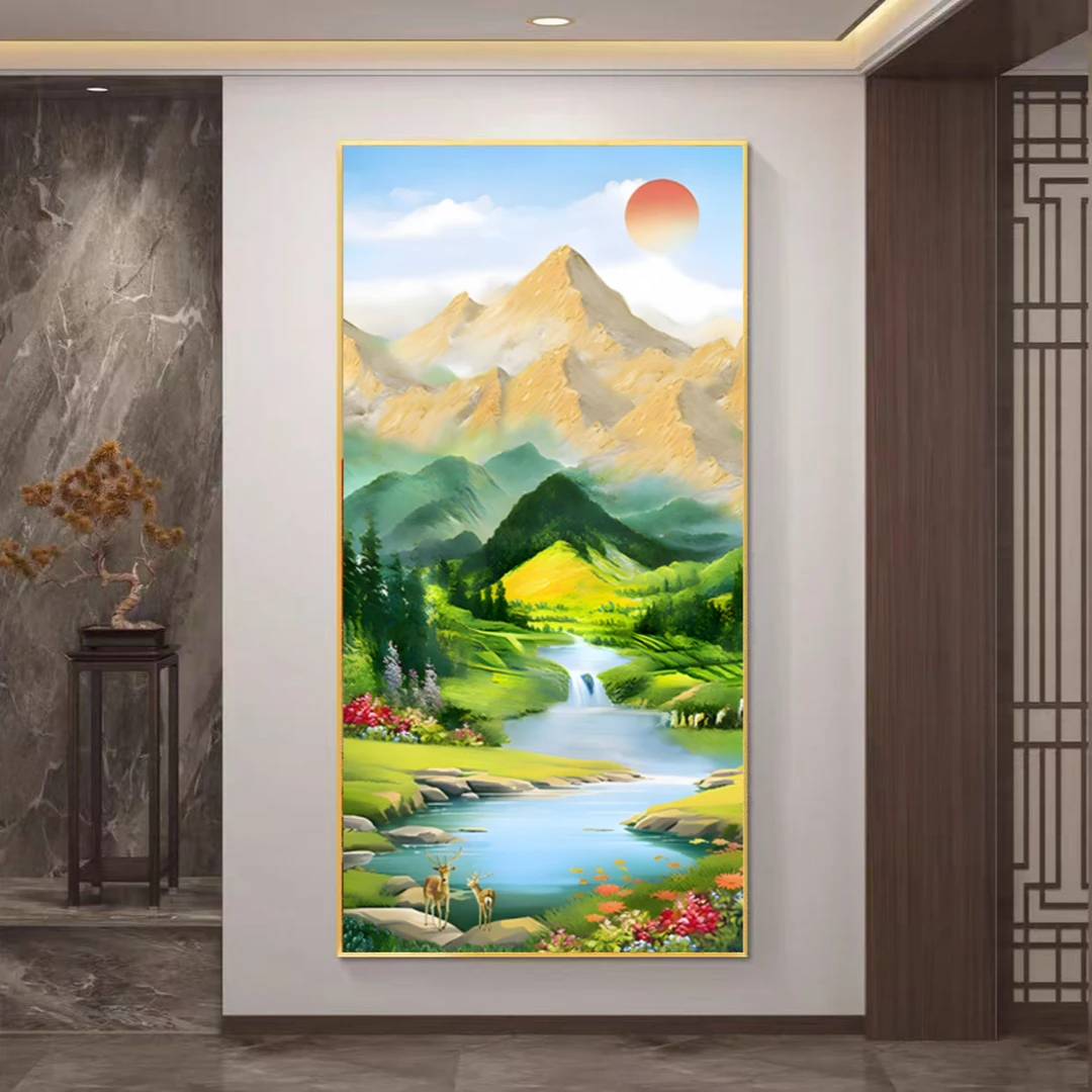 山水风景金山玄关画大气壮阔入户走廊现代轻奢入门装饰晶瓷挂画