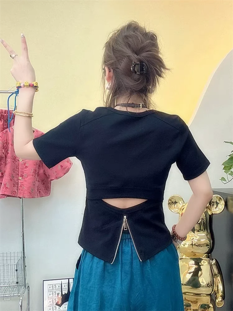 欧货小心机后背镂空拉链短袖T恤女夏修身显瘦设计感辣妹小众上衣