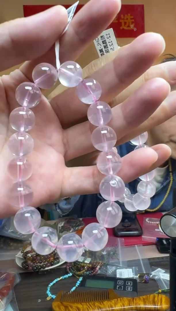 银S925镶嵌手链水晶约12mm莫桑比克粉晶圆珠单圈
