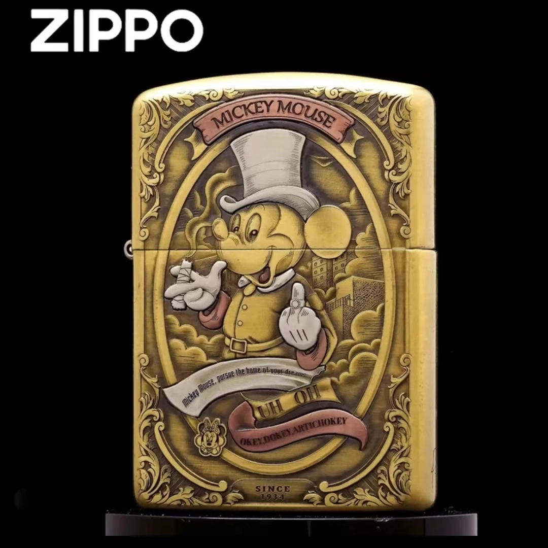 Zippo打火机正品G黄铜米老鼠 米奇紫铜镶嵌煤油防风男士送礼DYJ1