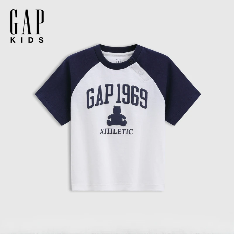 Gap男幼童2025秋季新款印花logo撞色插肩纯棉短袖T恤儿童装791447