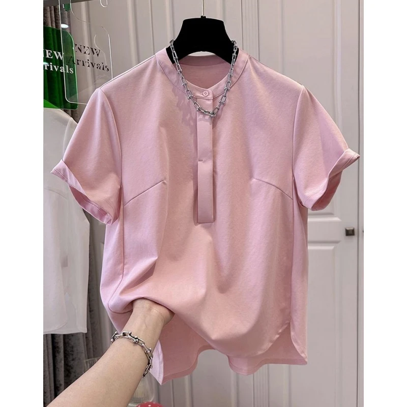 P0151欧洲站半纽扣圆领短袖T恤女上衣粉色宽松时尚休闲时尚夏季款