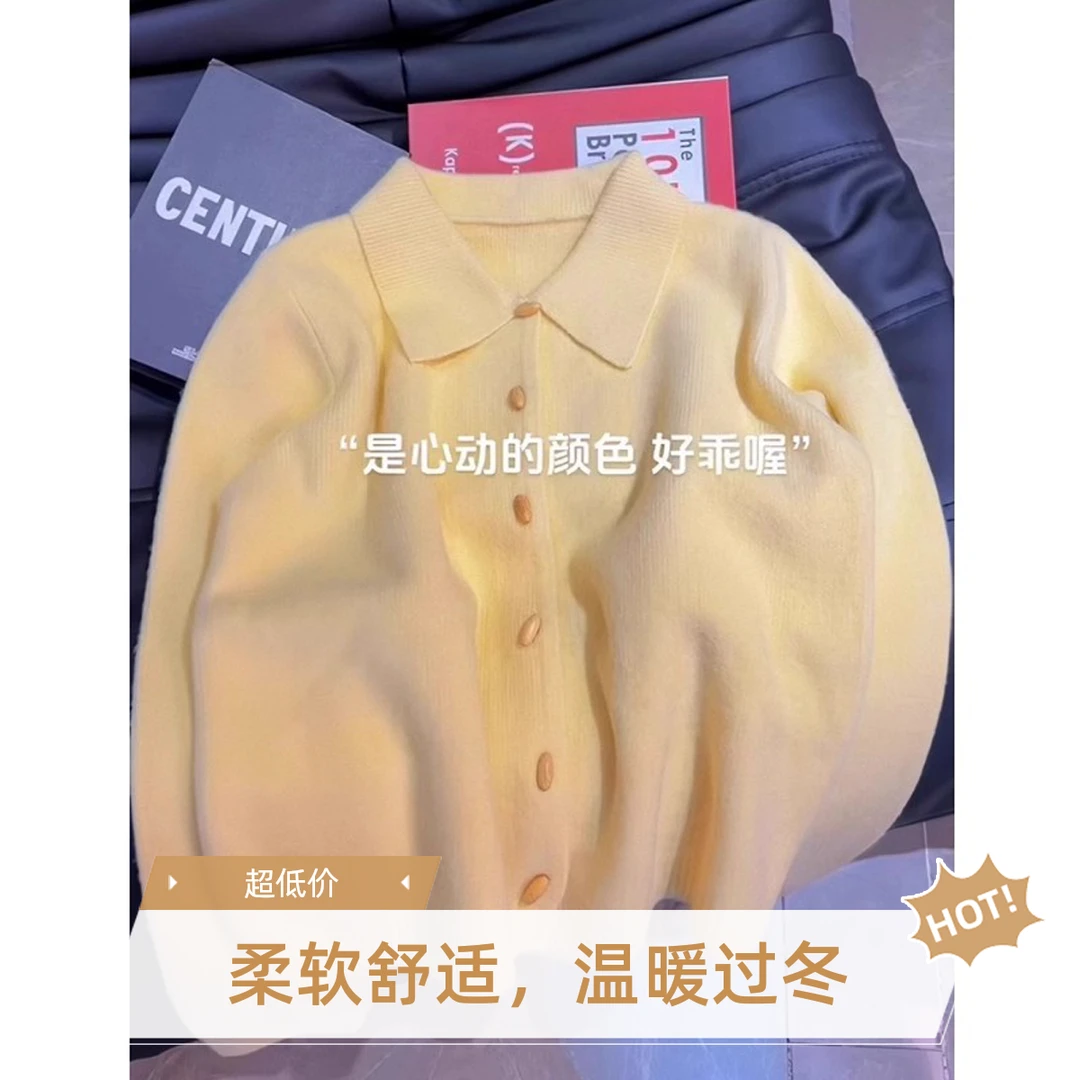 温柔系穿搭奶黄色polo翻领毛衣外套针织开衫女春秋超慵懒风上衣