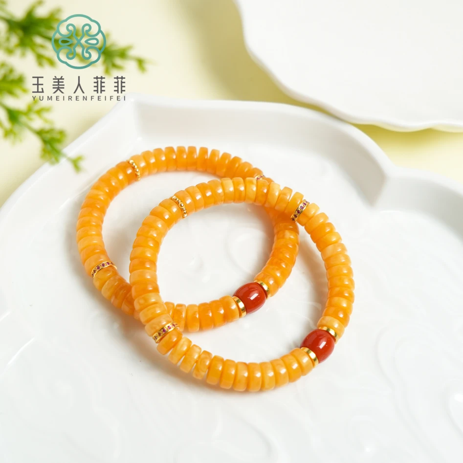 石惑珠宝/蜜蜡单圈-精工红花蜡药片手串约8mm