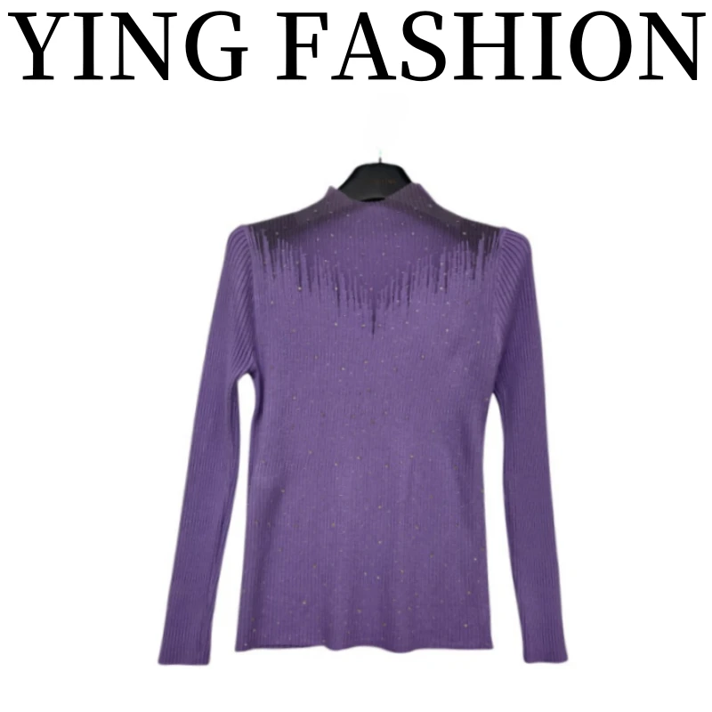 【YING FASHION】莹老板-时尚百搭镂空拼纱露肩满钻毛衣8021035 375