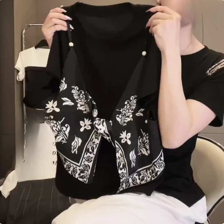 2025夏新款 重工假两件拼接气质短袖T恤女设计感小众独特别致上衣