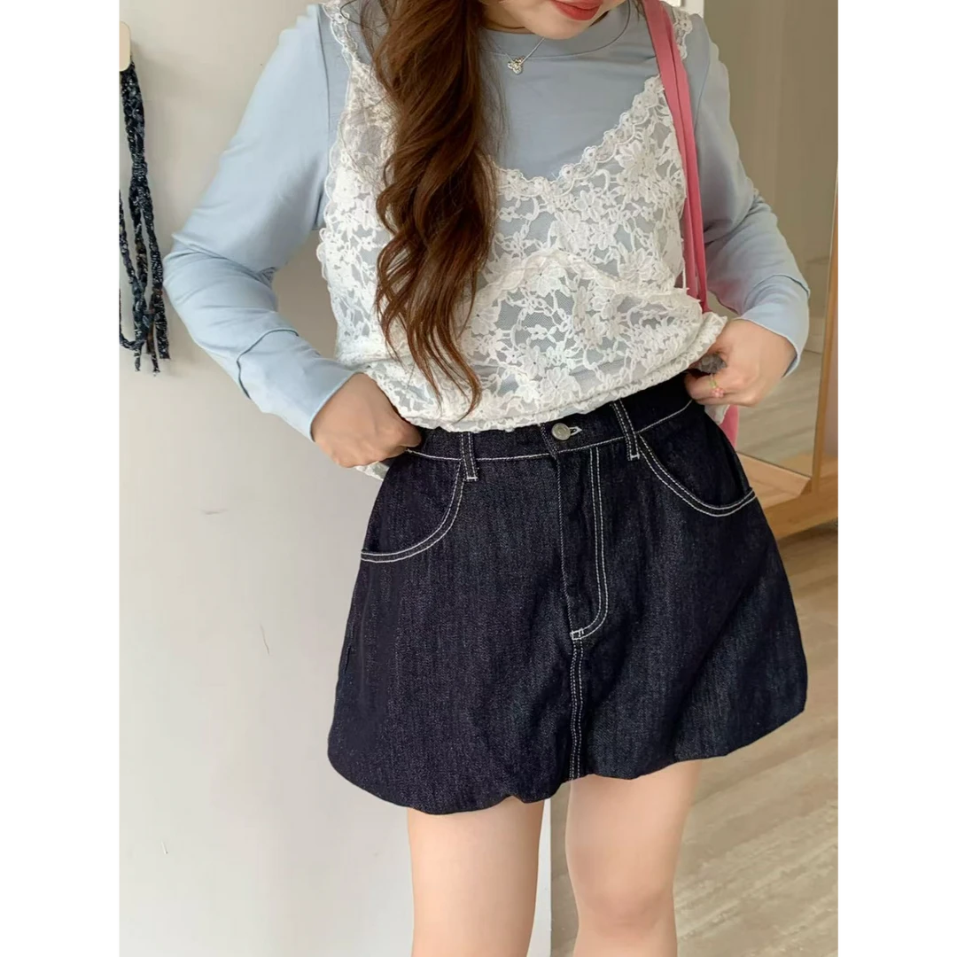 米米子“莉莉丝春曲”定制深蓝色牛仔花苞短裙显瘦百搭设计款裙子女