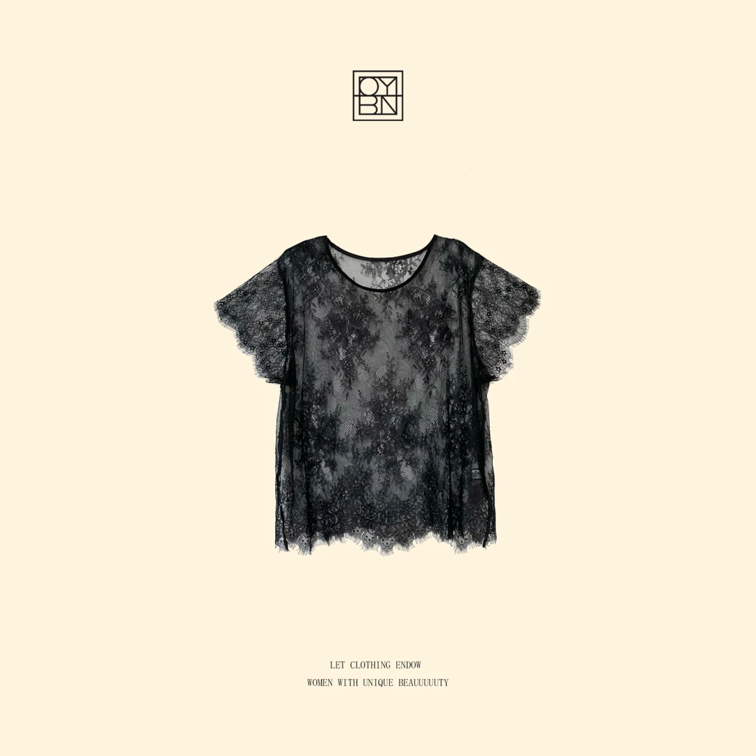 OYBN欧阳贝妮【有效穿搭】微胖大码蕾丝打底短袖上衣6045