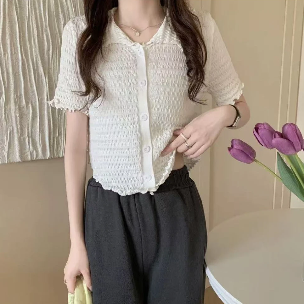 A004短款白色针织开衫女夏季新款韩版显瘦修身百搭短袖翻领上衣