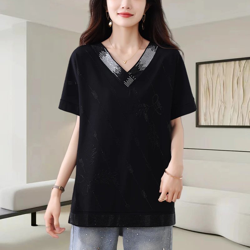 黑色V领烫钻短袖t恤女夏季2025新款时尚宽松休闲显瘦气质百搭上衣