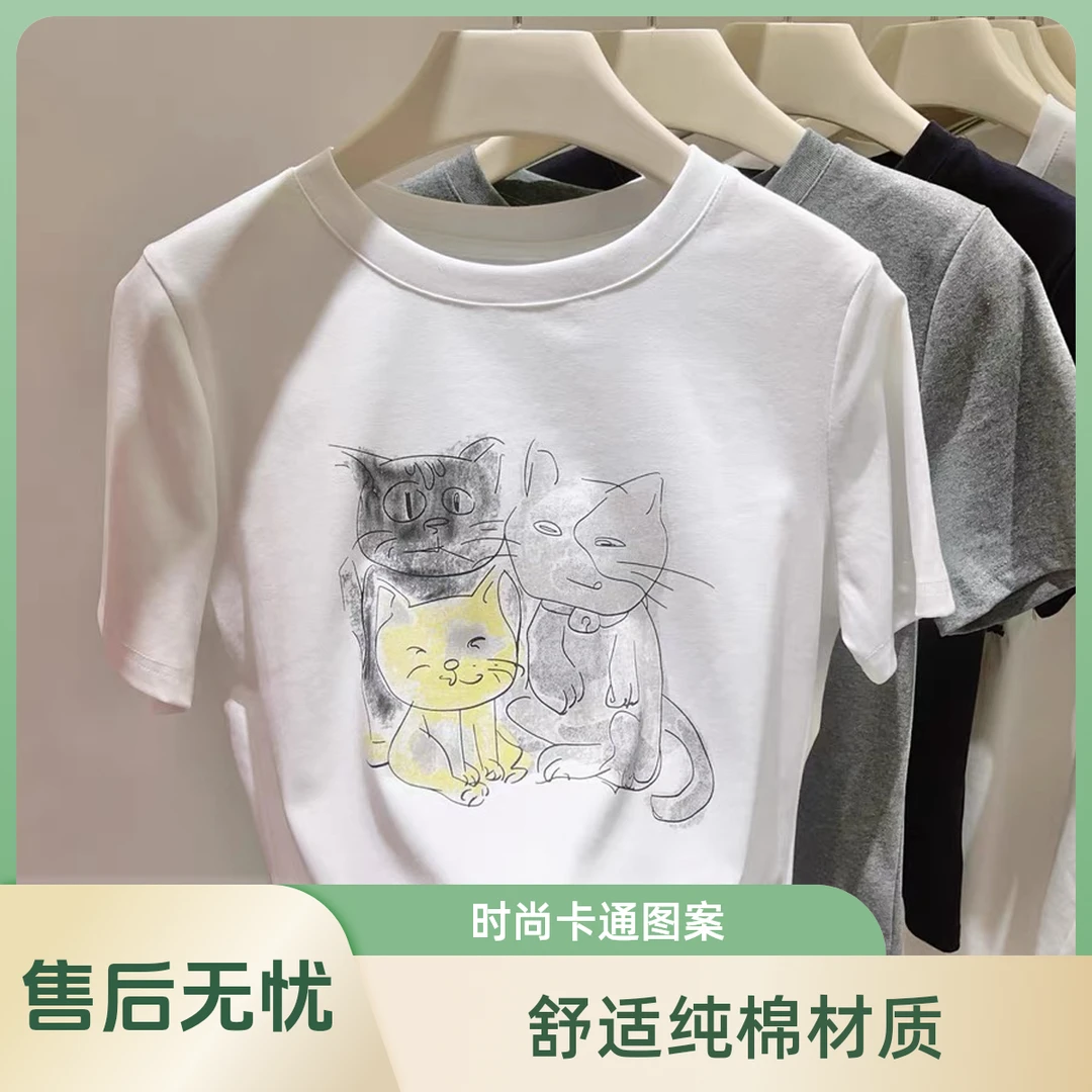 2025夏季新款休闲百搭猫咪印花短袖T恤简约圆领透气小众正肩上衣