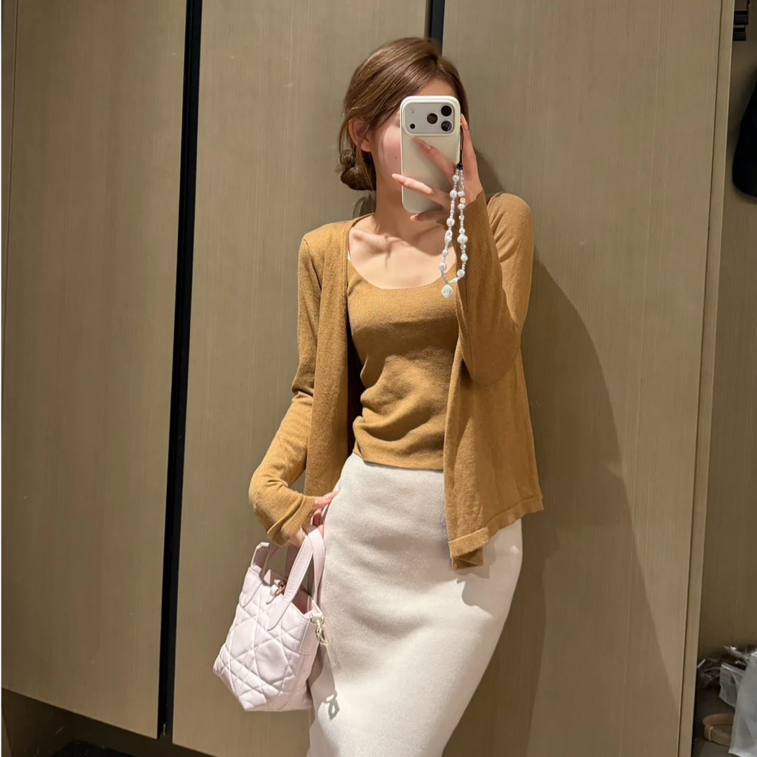 轻熟风穿搭套装气质长袖针织开衫吊带背心女秋季包臀半身裙三件套