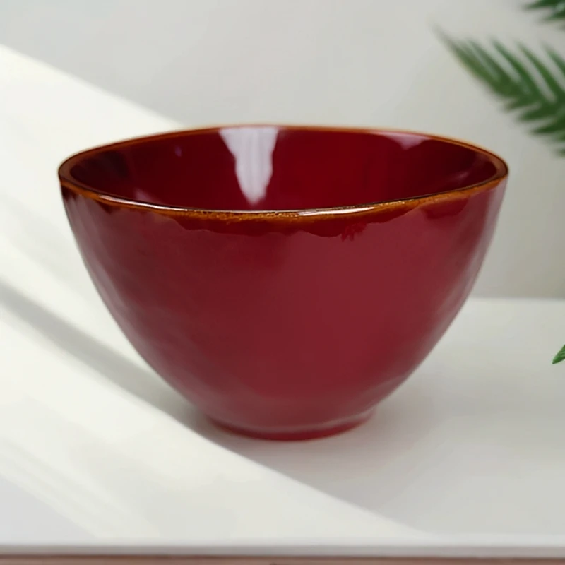 【两只装】家用米饭碗陶瓷釉下彩日式酒红色斗笠碗4.3英寸早餐碗