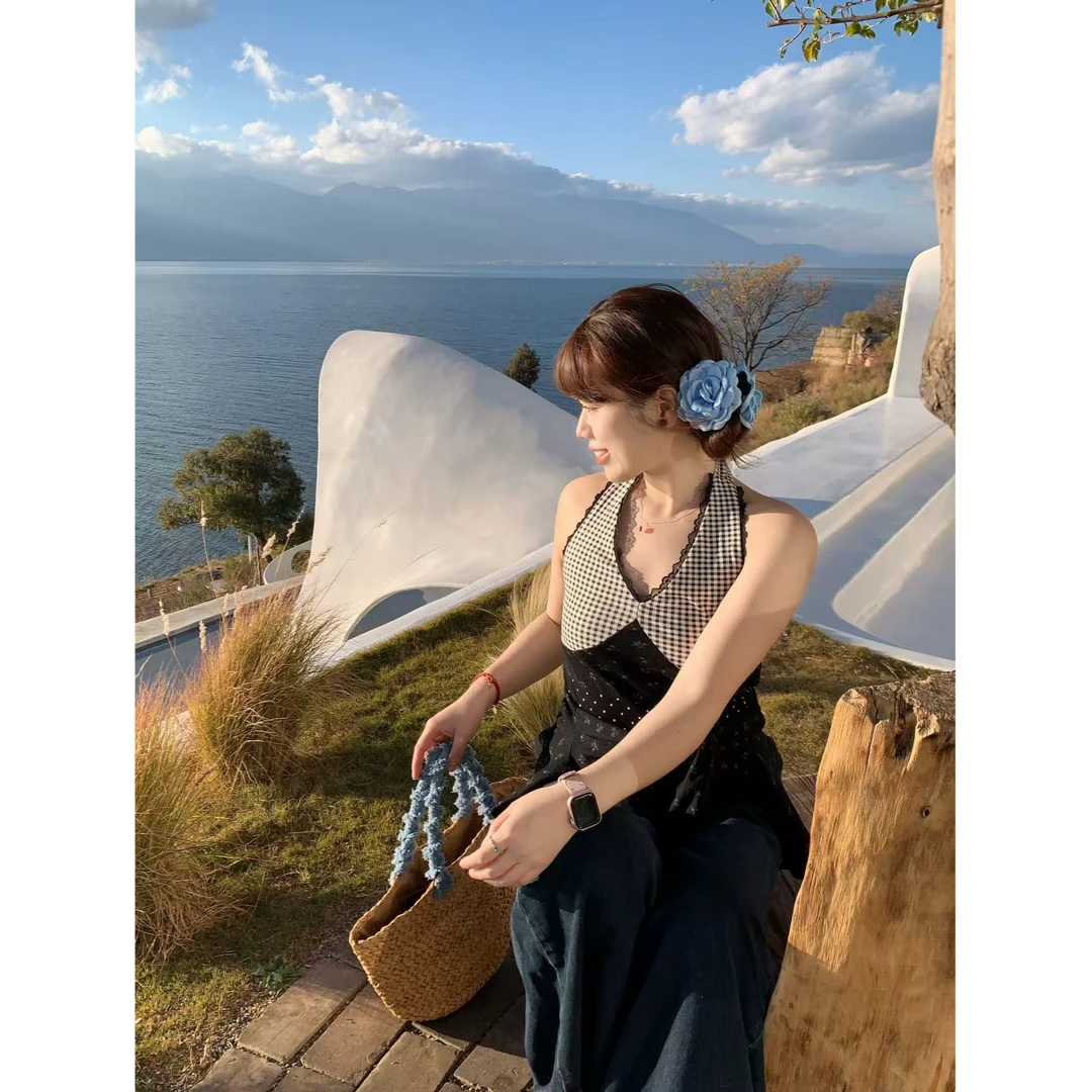 米米子“布蕾花园”格子碎花波点绑带挂脖上衣背心连衣裙新款两件套