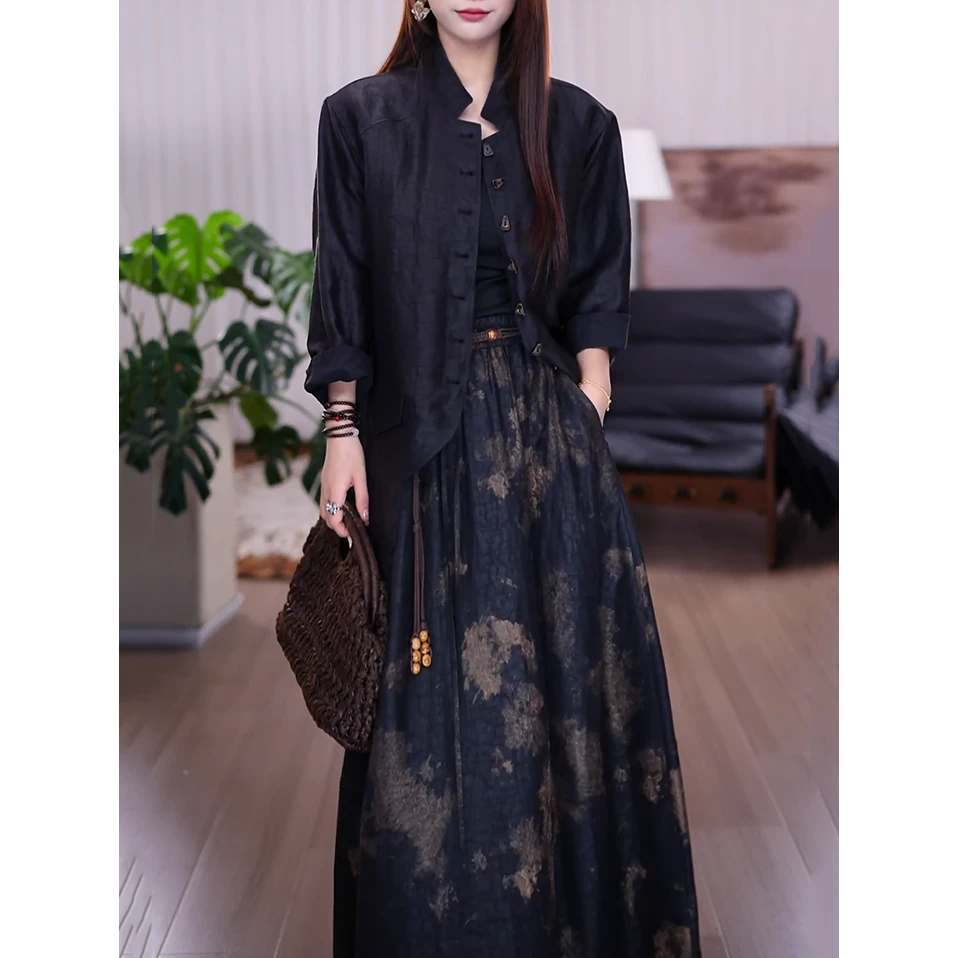 时尚文艺风轻奢套装2025春秋新款新中式减龄显瘦长袖衬衫+半身裙