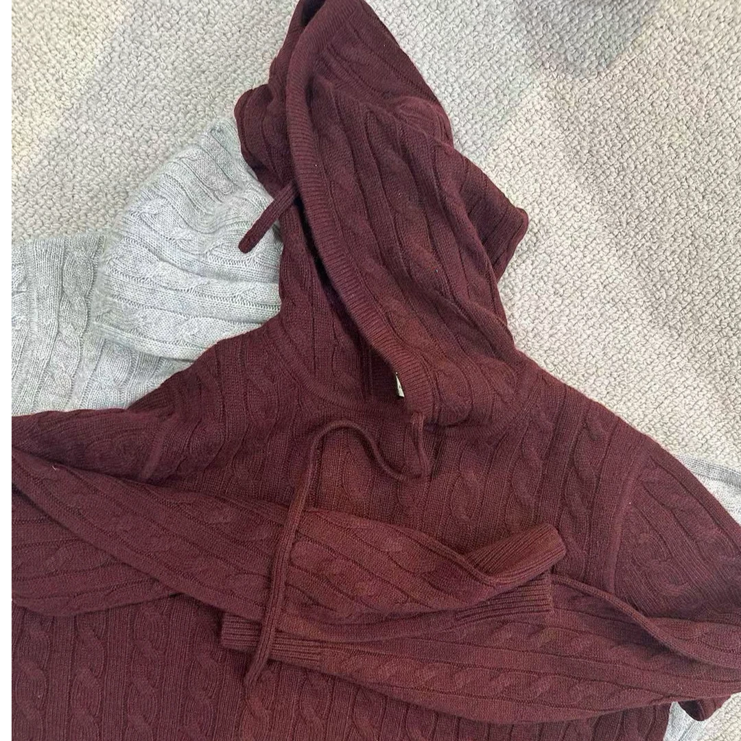 麻花圆领连帽套头卫衣 宽松慵懒感纯山羊绒毛衣针织衫