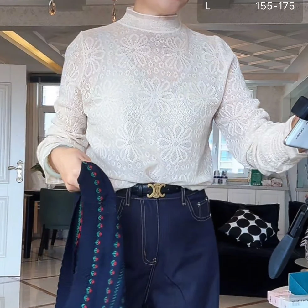 大花・Organza 半高领欧根纱打底衫超仙叠穿蕾丝白色镂空内搭上衣