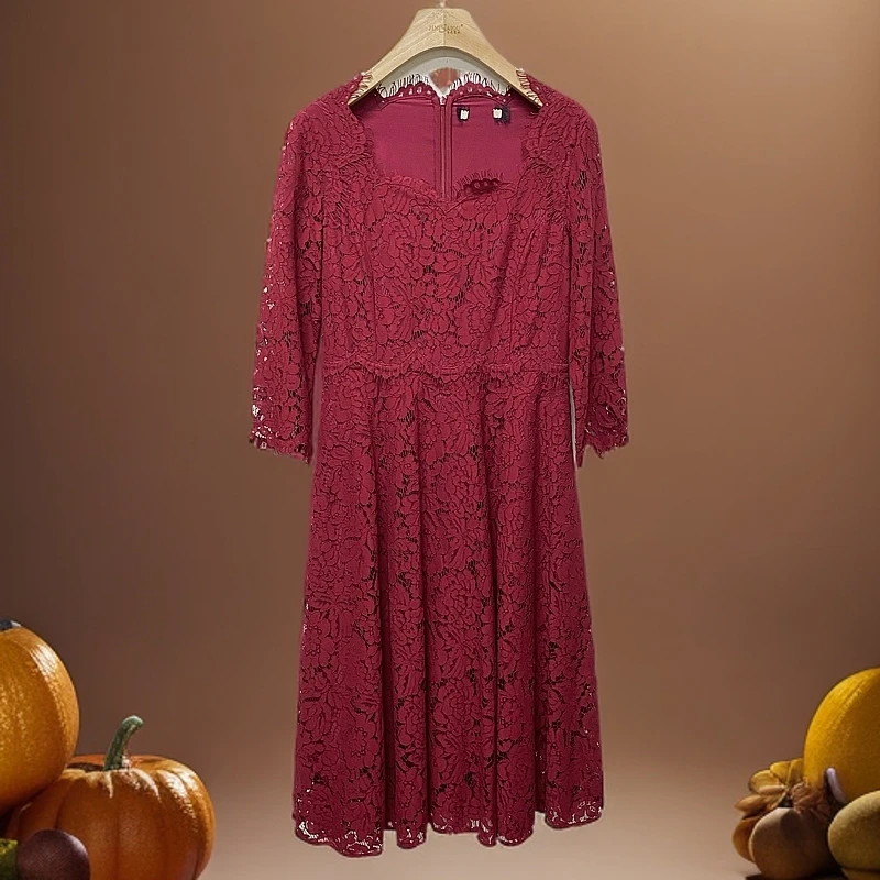 GGN073  时尚四方领收腰蕾丝七分袖连衣裙 G21W1F419