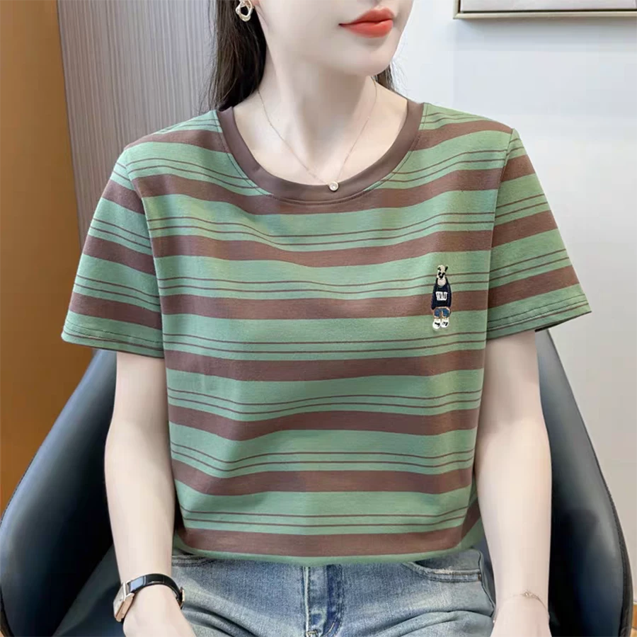 圆领宽松新款女装时尚条纹夏季百搭显瘦t恤休闲上衣短袖纯棉2025