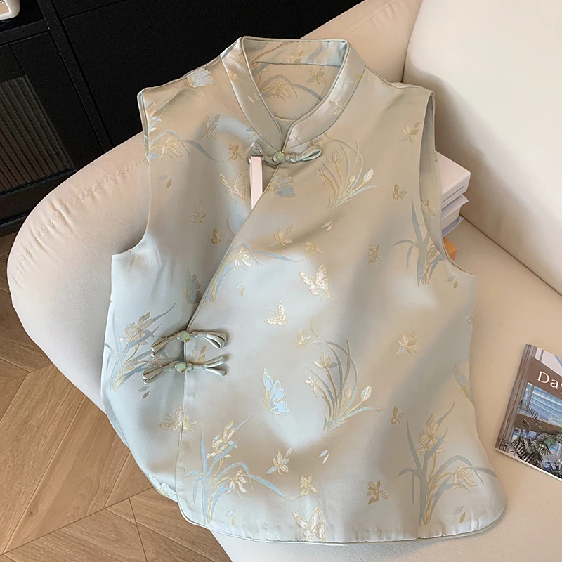 2025夏季新款国风斜襟提花刺绣新中式马甲女高级气质显瘦无袖背心