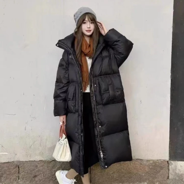 Z180韩系冬装中长款连帽羽绒女加厚2024年新款休闲宽松百搭羽绒服