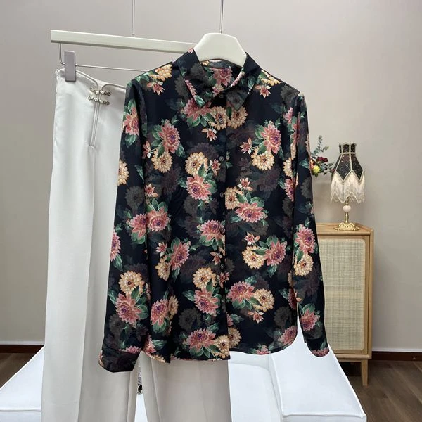 （繁花之约）韩范时尚洋气长袖碎花女衬衫气质显瘦减龄高级方领衬衣