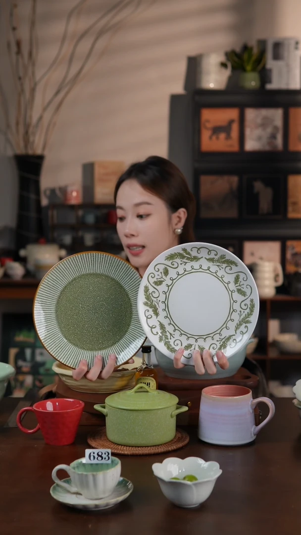 陶瓷釉下彩印花8.5寸绿色早餐盘2只装 微瑕 凑满20发货