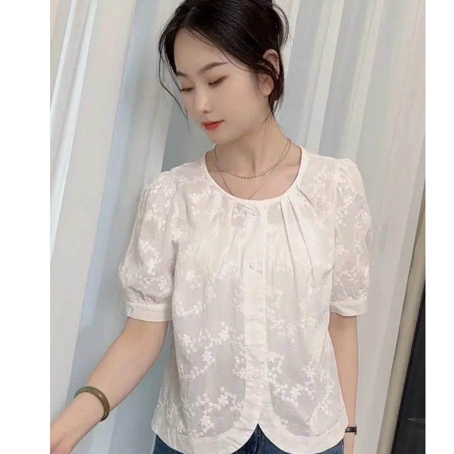 短袖衬衫女法式上衣薄款春季2025新款韩版宽松气质刺绣小个子小衫