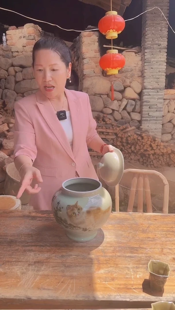 窑变 釉中彩 猫画 盖罐