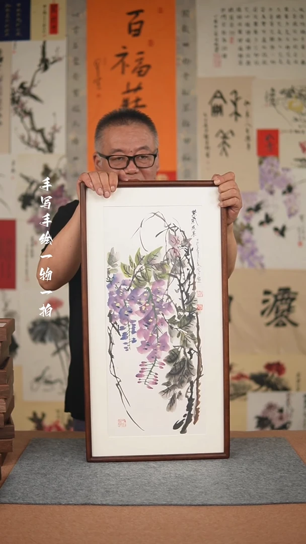 国画手绘-36*69实木框花鸟
