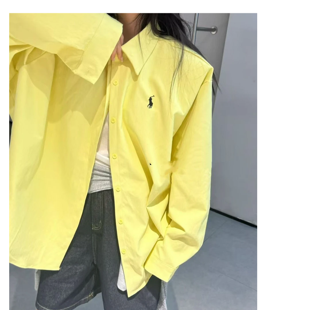 复古刺绣小马衬衣休闲长袖纯色韩版老钱风