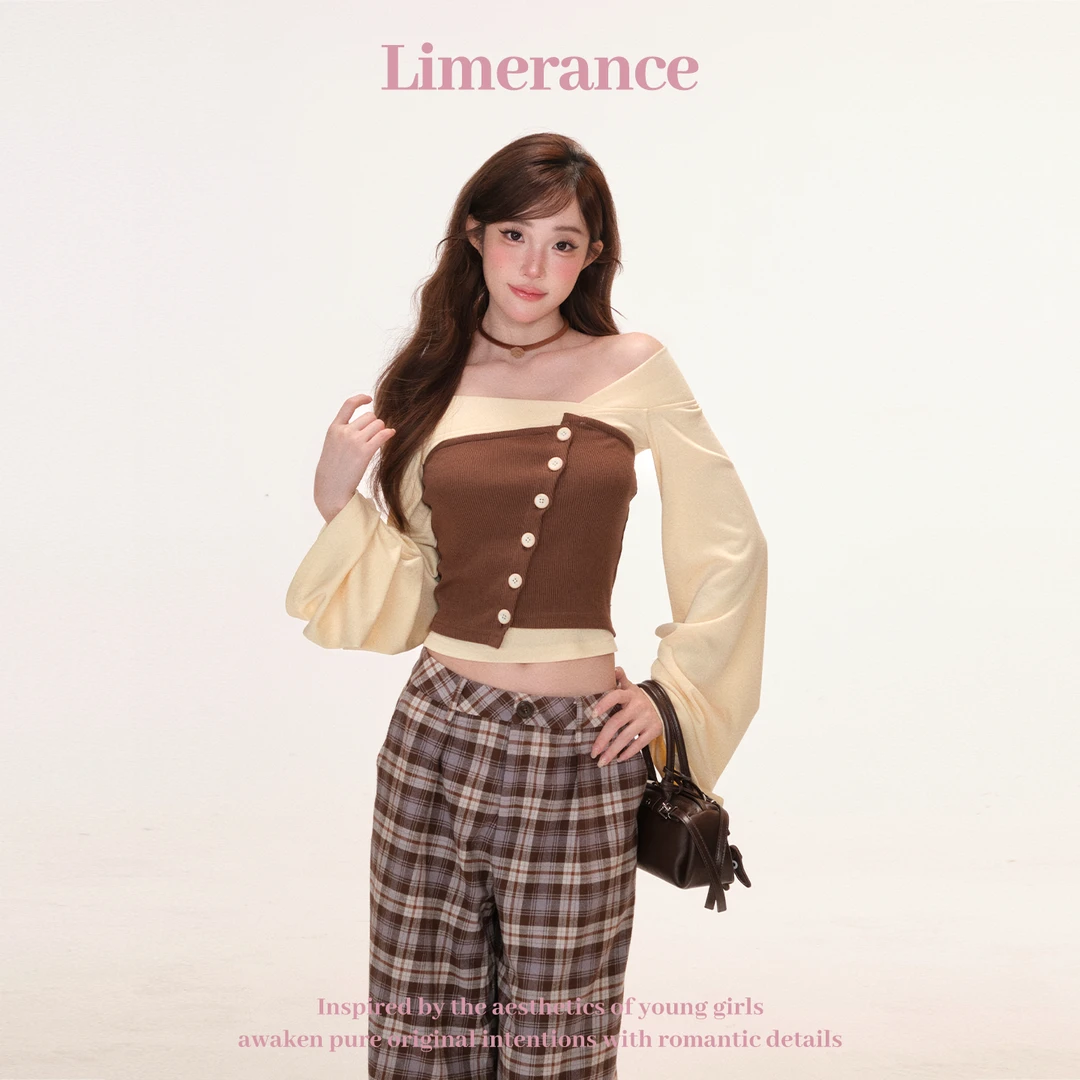 甜梨呆呆 复古小众针织修身格子晚季可莉 抹胸上衣套装