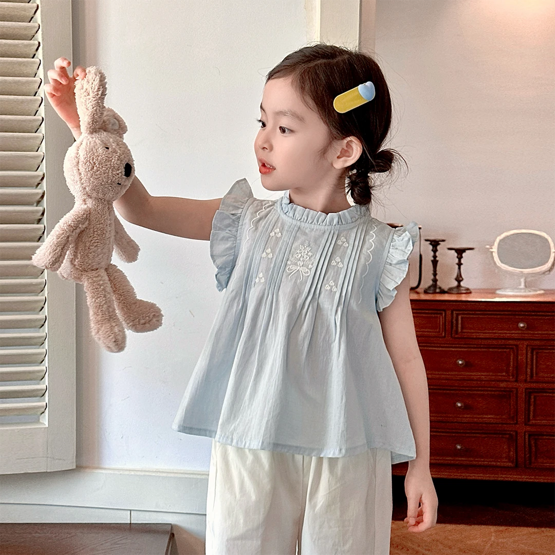 现货【蓝玉】100%棉5180女童夏装法式娃娃衫女宝宝短袖时尚百搭衬衫