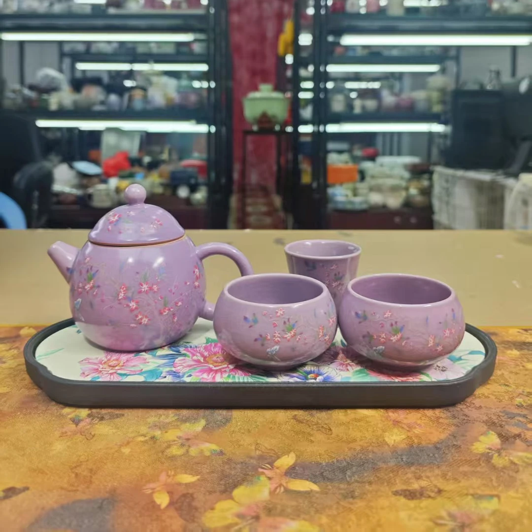 瓷韵优品 紫色紫藤花龙蛋壶+2个罗汉杯+品茗杯+茶盘-2838