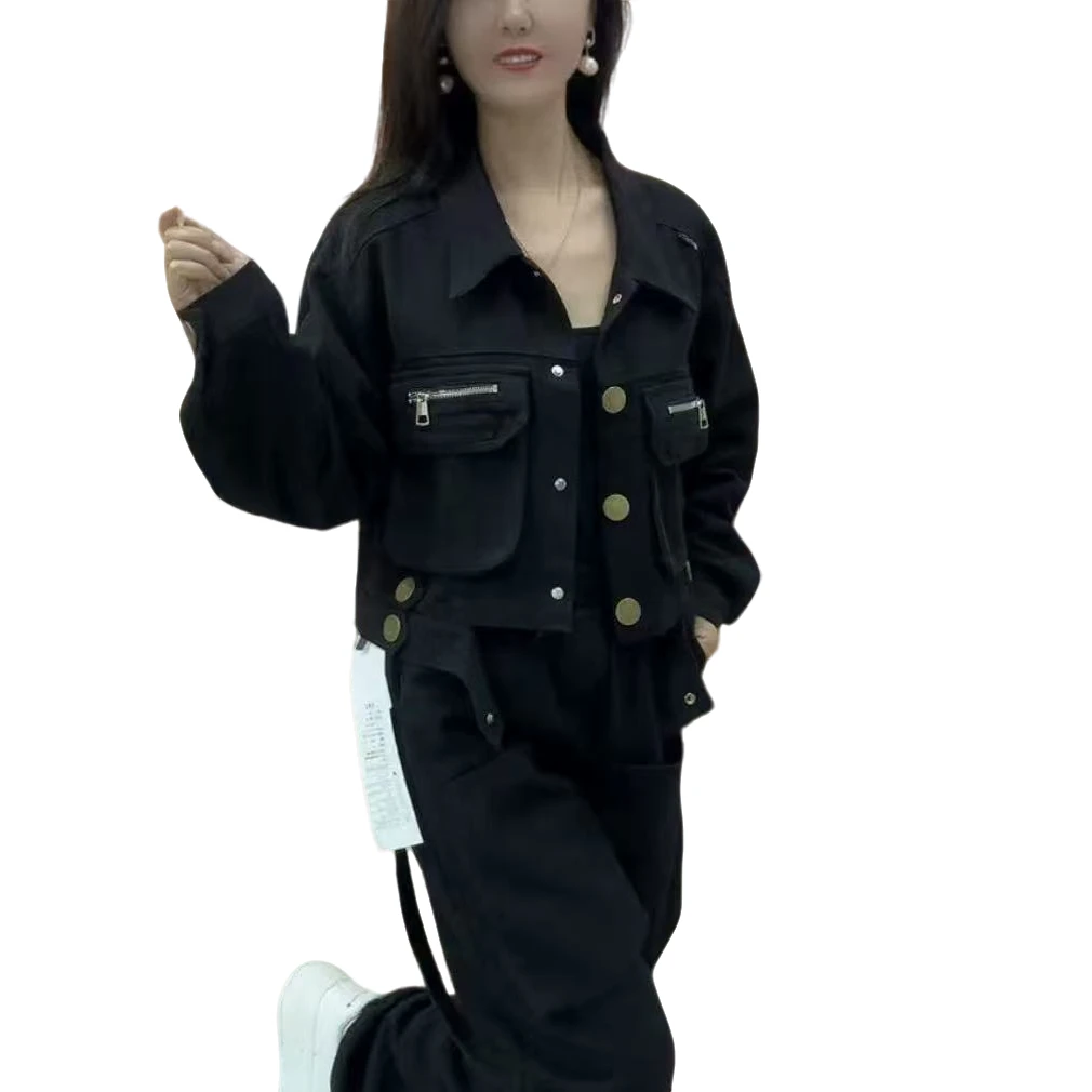 K-时尚新款原创美拉德多兜牛仔套装上衣+工装裤气质洋气显瘦重工