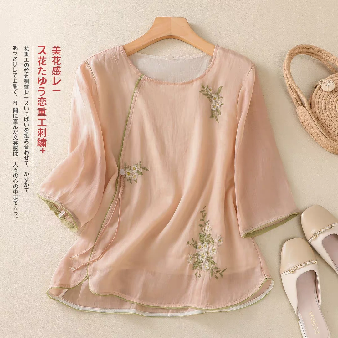 6789夏季纯色衬衫苎麻绣花流苏小衫禅意宽松斜襟复古茶服文艺